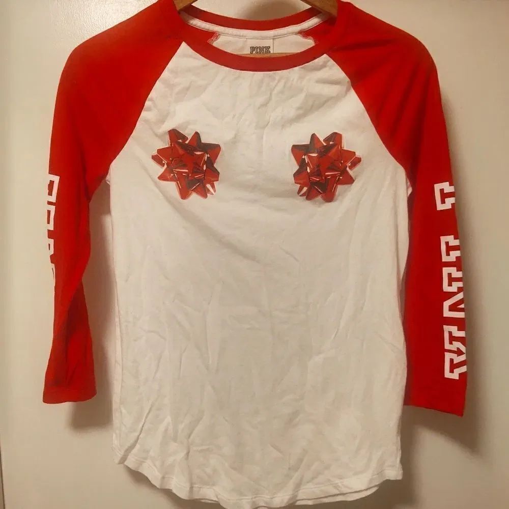 PINK Victoria’s Secret Red Raglan Sleeve Bows Gift Holiday Christmas T-Shirt XS
